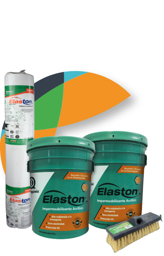Sistema impermeabilizante acrílico Elaston con membrana de refuerzo y cepillo de aplicación.